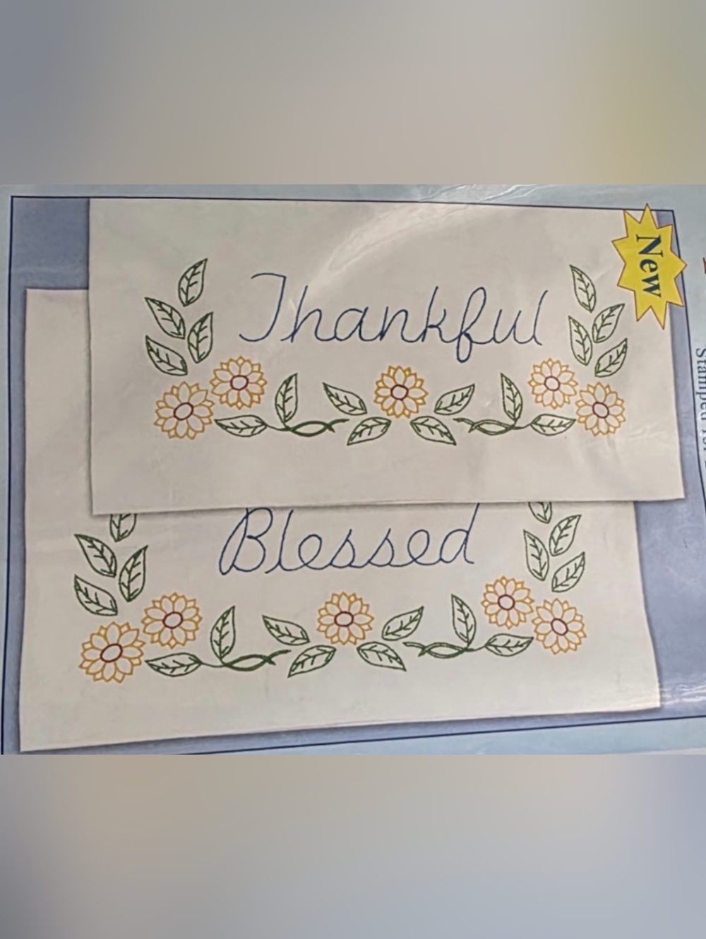 Perle Edge Pillowcases "Thankful" & "Blessed" Stamped For Embroidery With Floss - Picture 3 of 5
